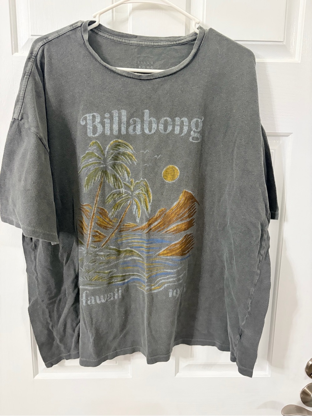 Billabong Men's Gray Long-Sleeve Tropical Graphic Tee with Gold and Blue Print